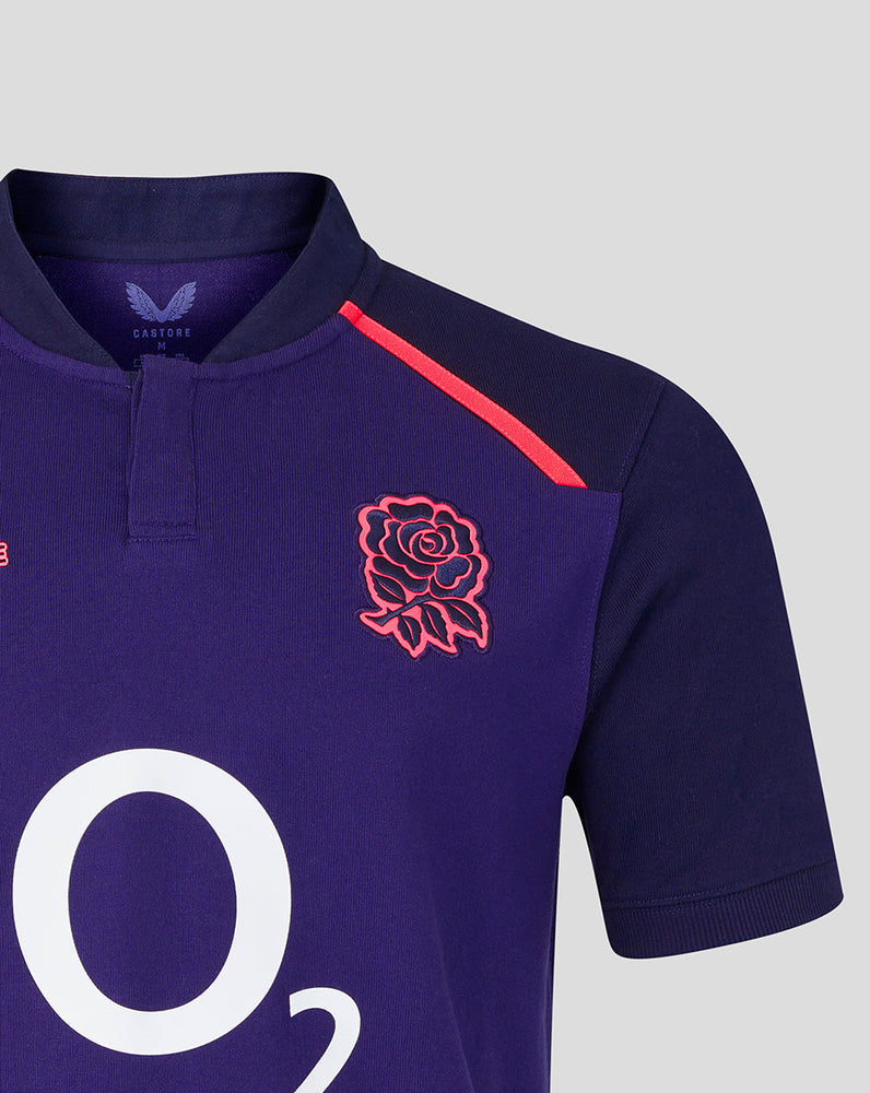 Navy rugby jersey with red rose emblem and 'O2' logo on a gray background