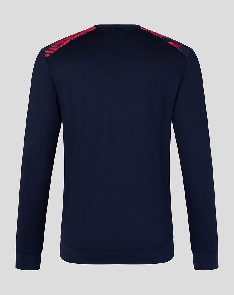 Navy blue sweatshirt with red accents on a light gray background