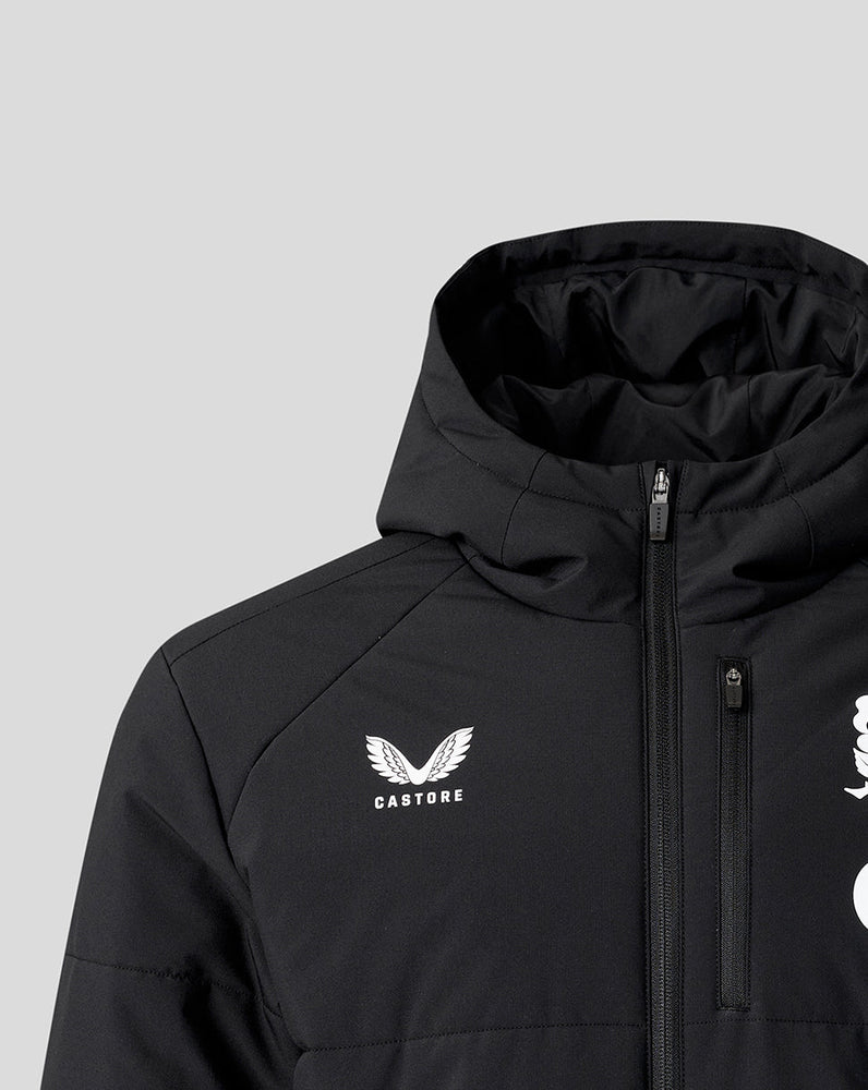 Black jacket with a brand logo on a gray background