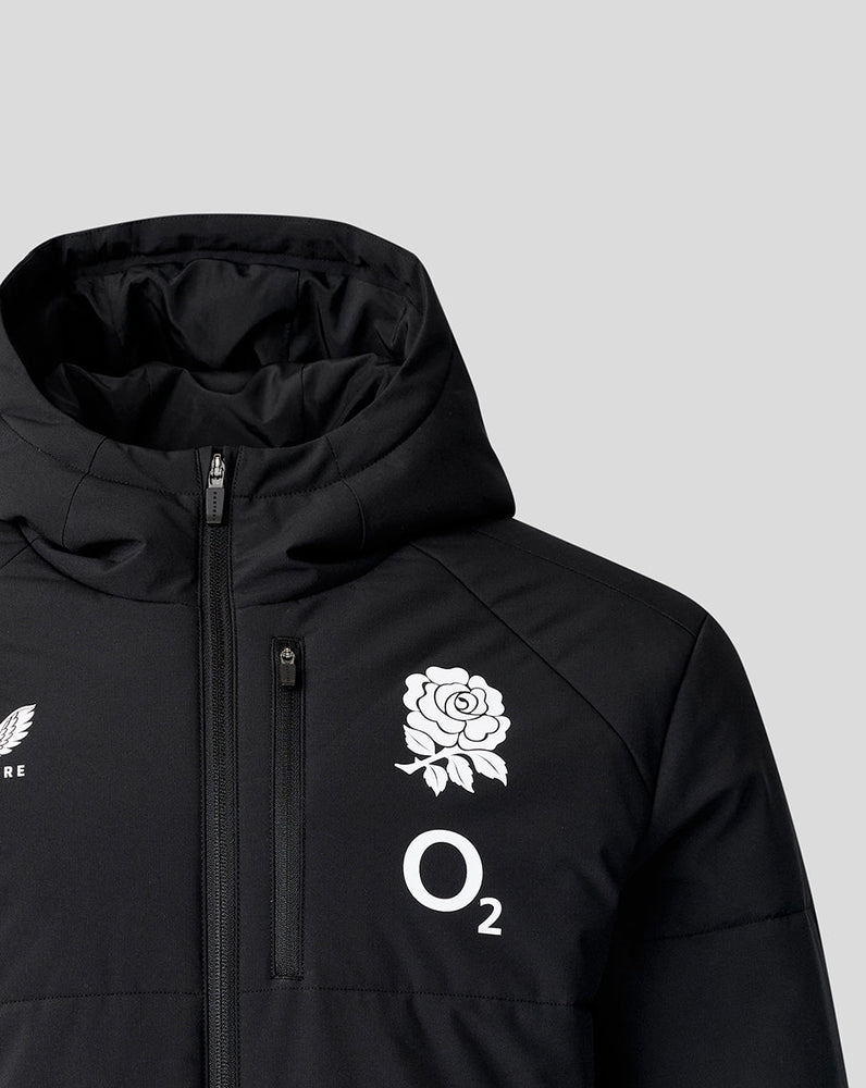 Black jacket with white logos on a light gray background