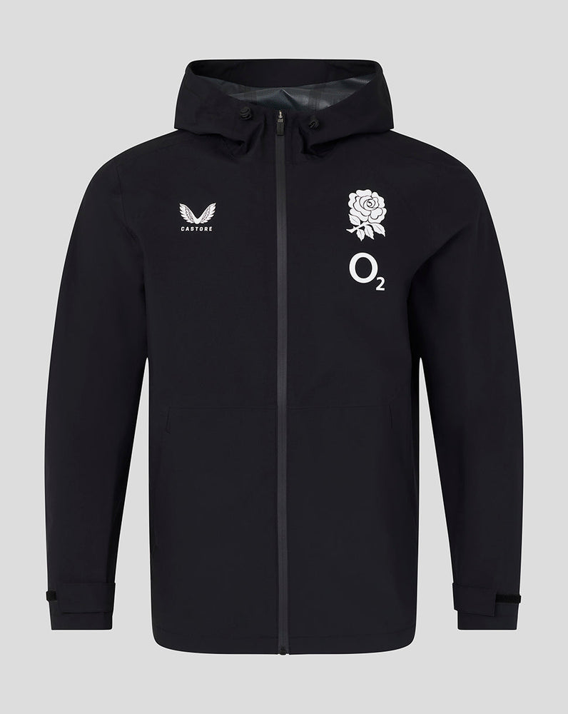 Black jacket with logos on a gray background