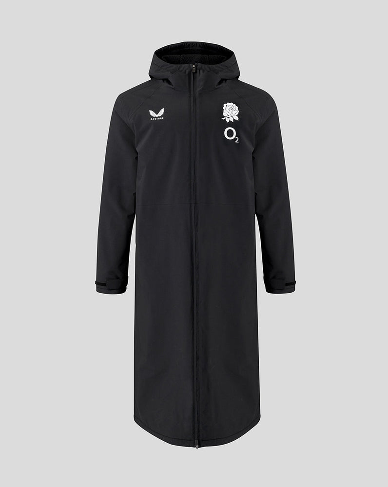 Black raincoat with logos on a gray background