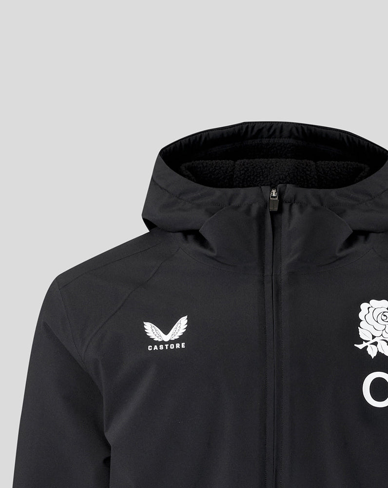 Black jacket with white logos on a light gray background