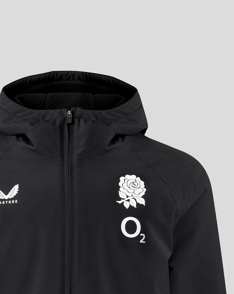 Black jacket with white logos on a light gray background