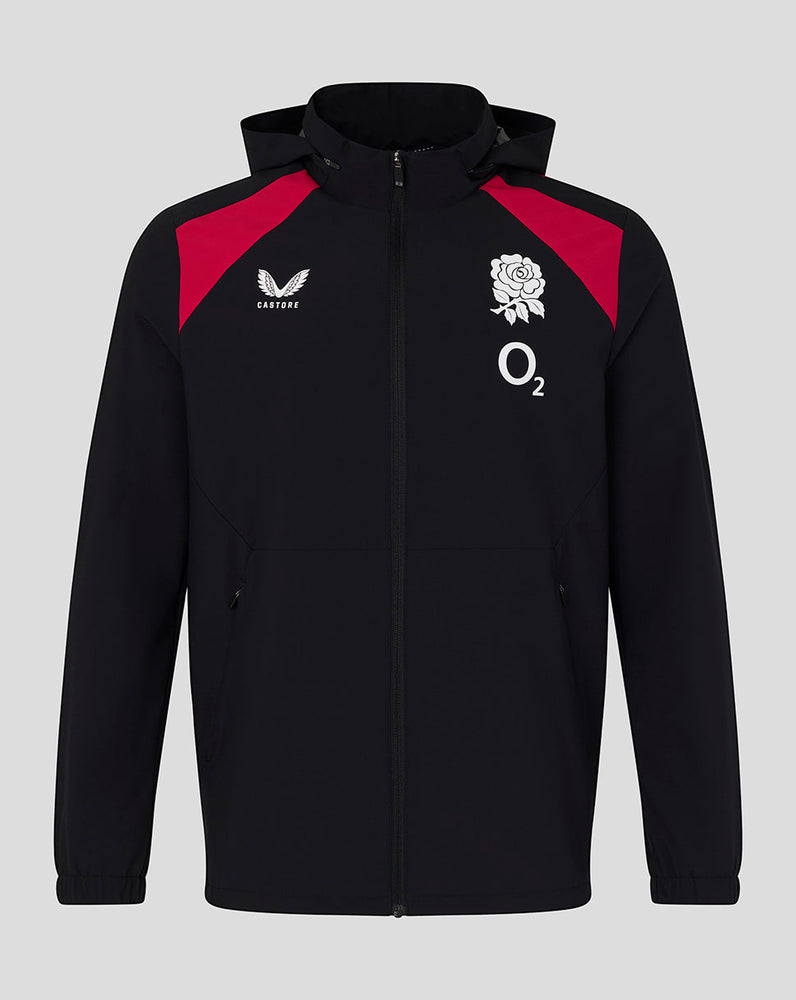Black jacket with red accents featuring sports logos on a gray background