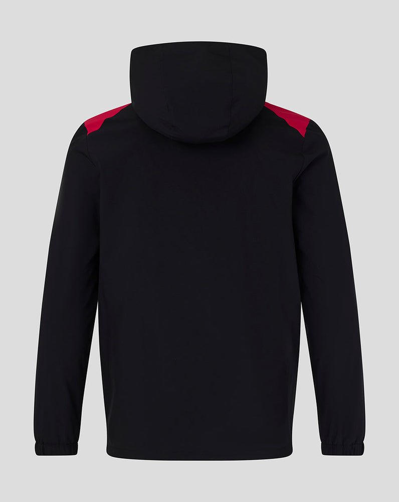 Black hoodie with red accents on a light gray background