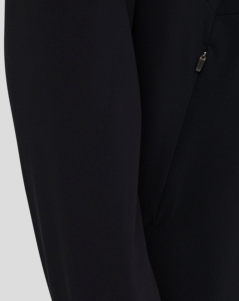 Close-up of black pants with a zipper pocket on a light gray background