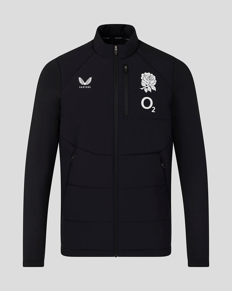 Black jacket with logos on a gray background