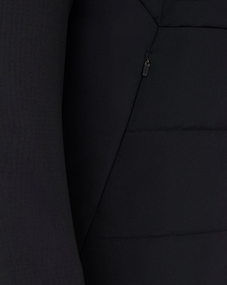 Close-up of a black jacket with a zipper detail