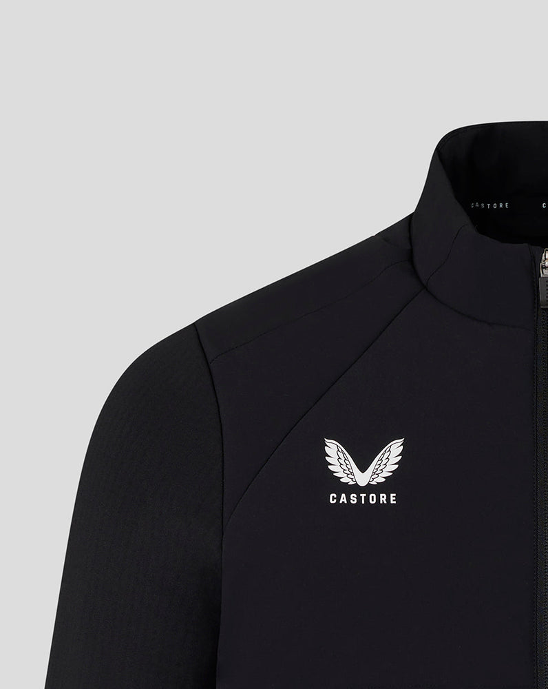 Black jacket with a white logo and text on a light gray background