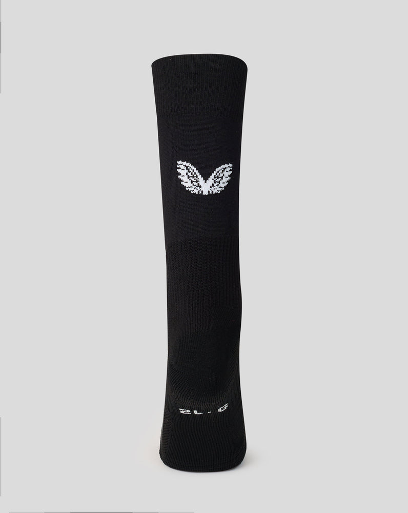 Black sock with a white logo on a light gray background