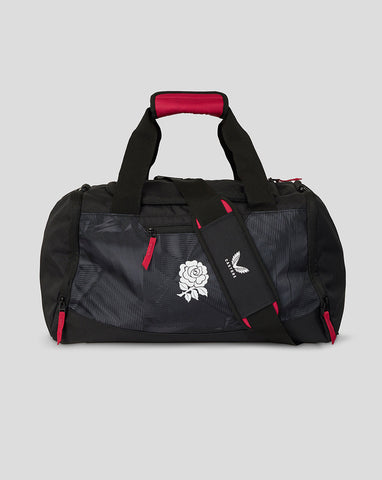 Black duffel bag with red accents and a logo on a gray background