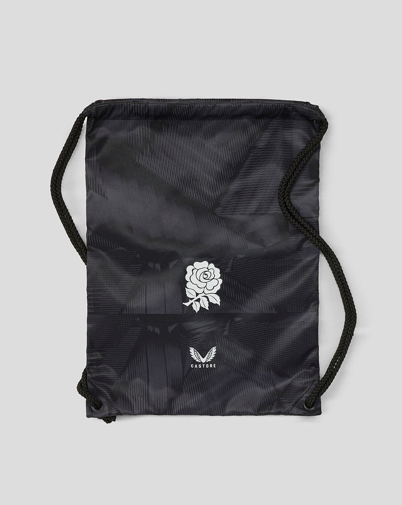 Black drawstring bag with white rose design and brand logo on a light gray background