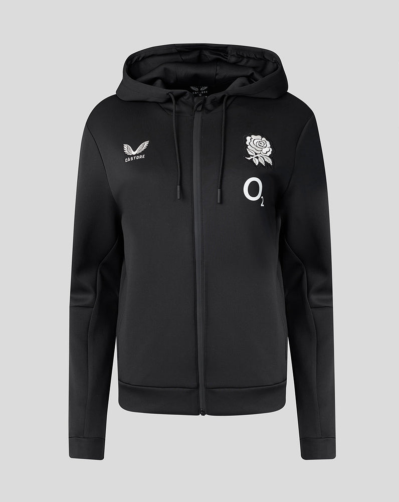 Black hoodie with logos on a light gray background