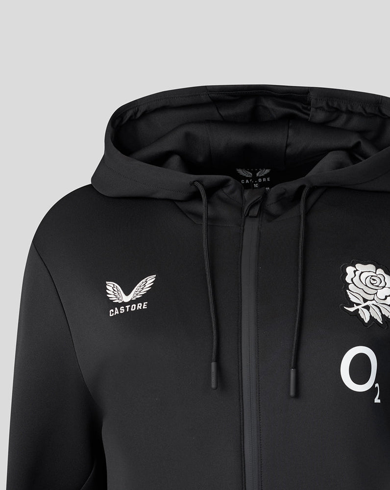 Black hoodie with brand logos on a light gray background