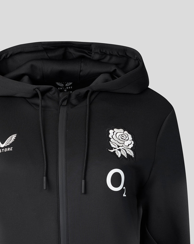 Black hoodie with white logos on a gray background