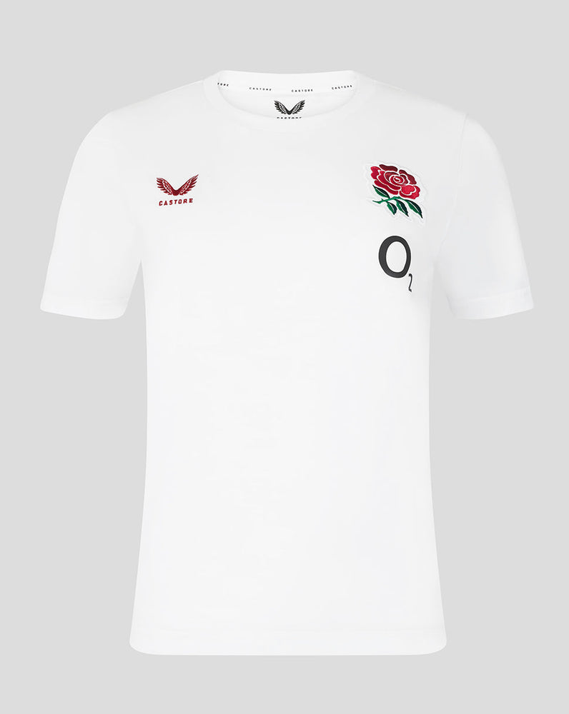 White t-shirt with red rose and logo on a gray background