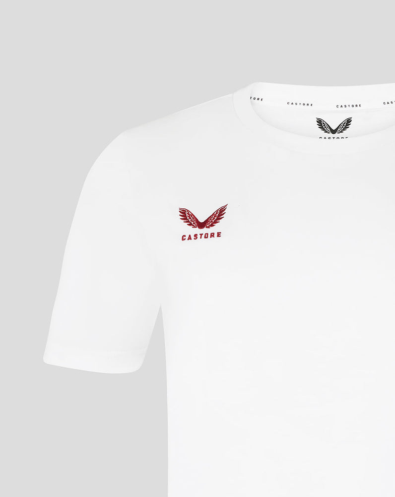 White t-shirt with a red logo on a gray background