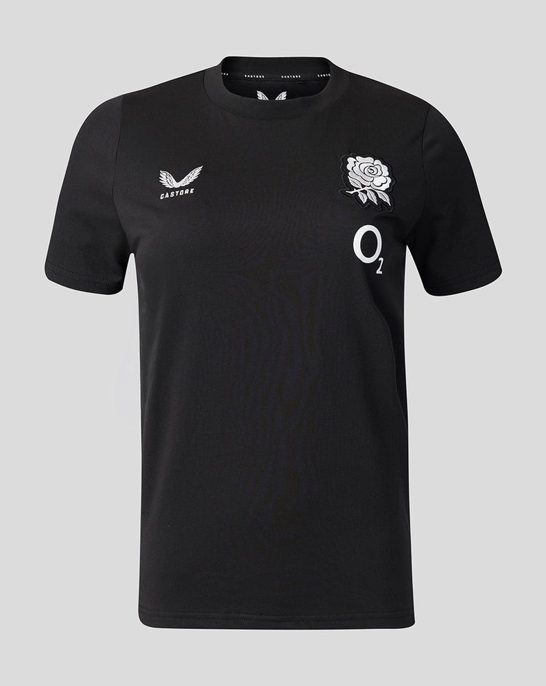 Black t-shirt with logos on a gray background