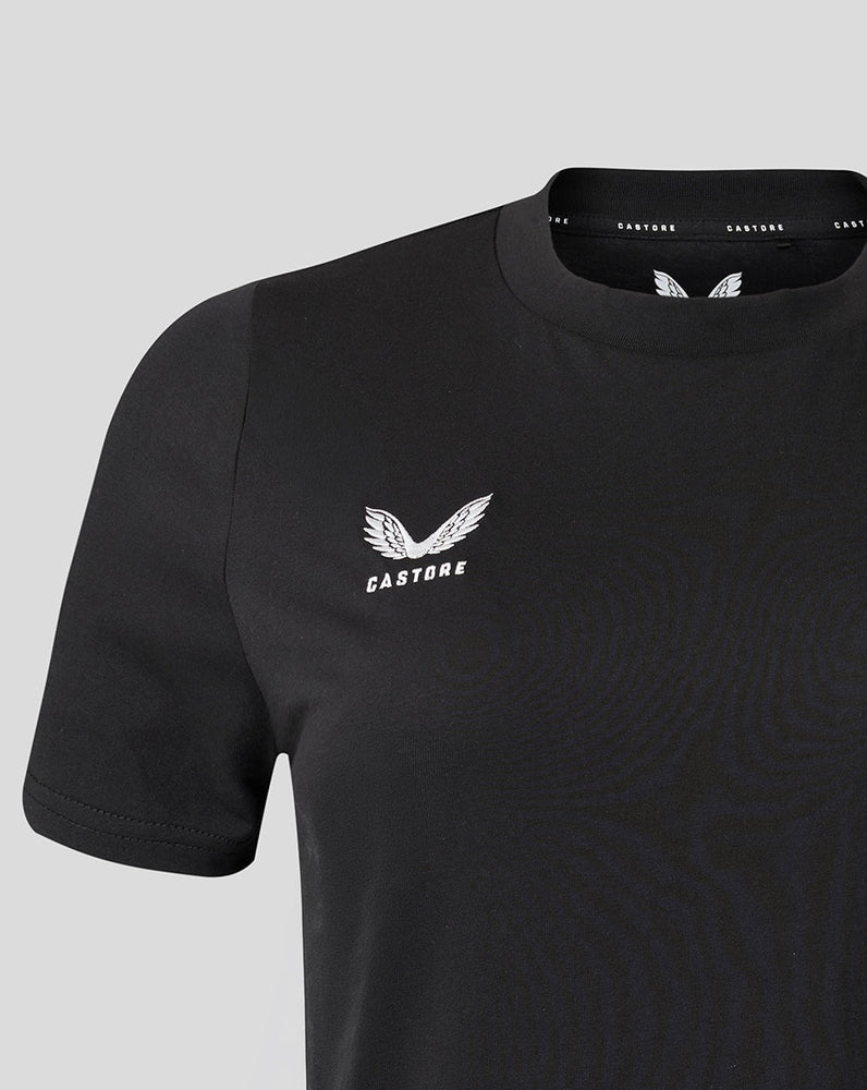 Black t-shirt with white logo and text on a light gray background