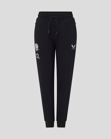 Black jogger pants with logos on a light gray background