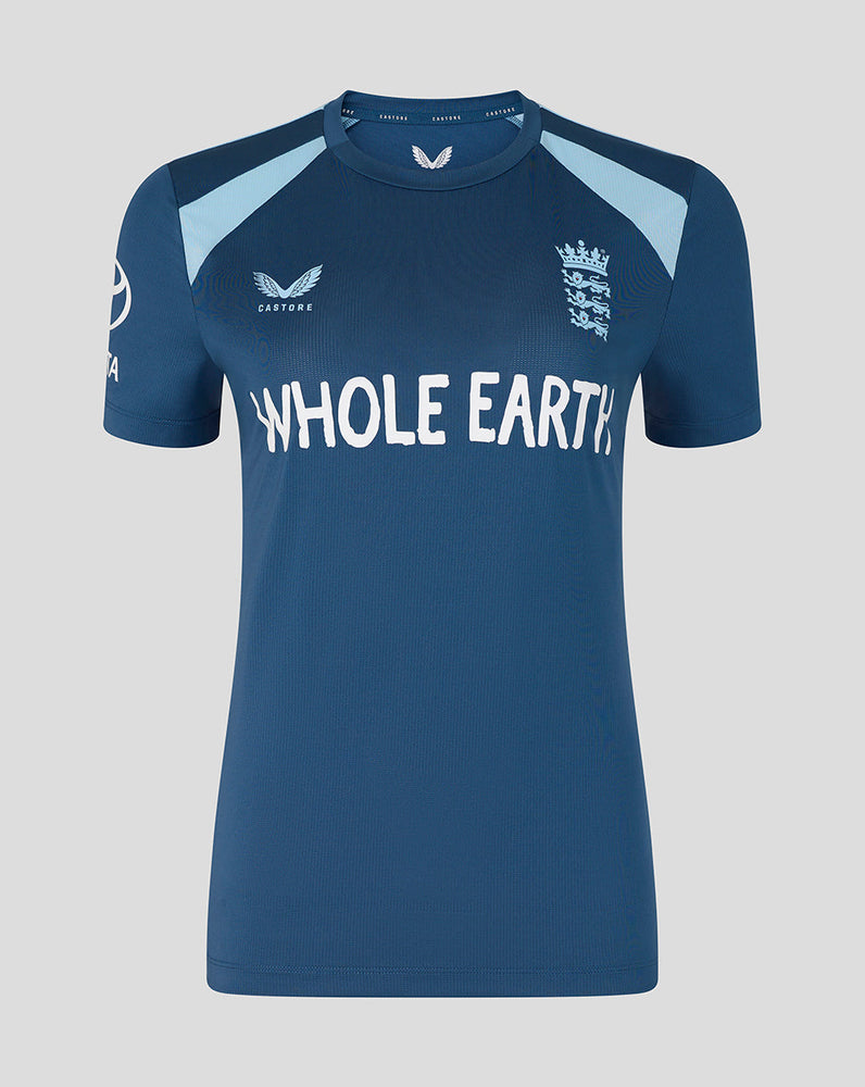 Blue sports jersey with 'Whole Earth' branding on a gray background