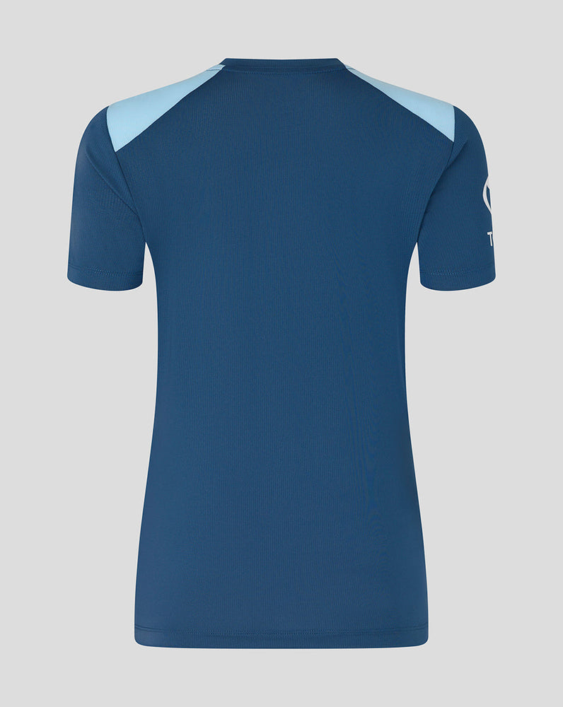 Blue sports jersey with light blue sleeves on a gray background
