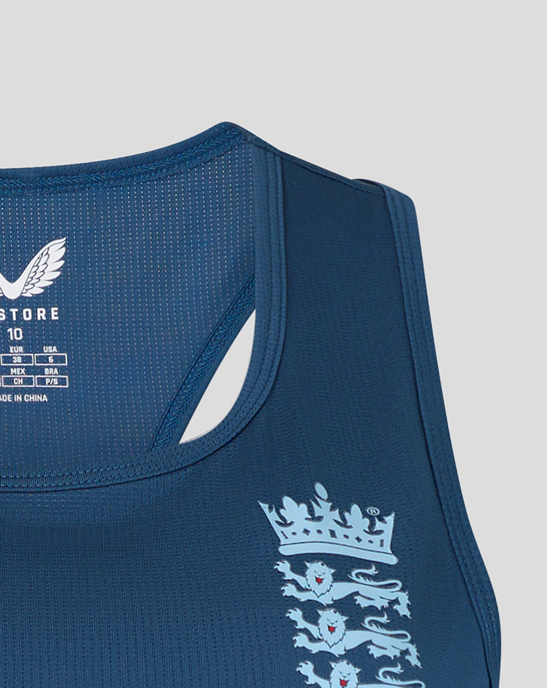 Blue sports vest with a logo on a gray background
