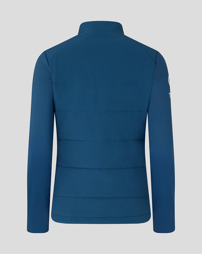 Blue puffer jacket on a light gray background
