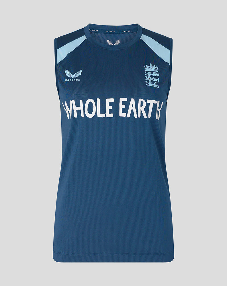 Blue sleeveless sports top with 'Whole Earth' text and logo on a gray background
