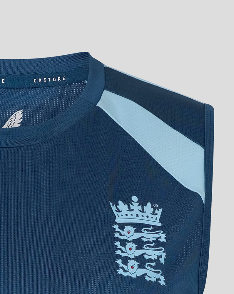 Navy sports jersey with white logo on a light gray background