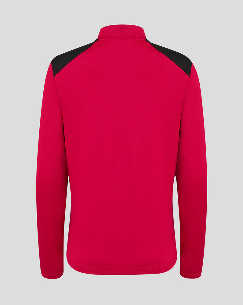 Red fleece jacket with black shoulders on a light gray background