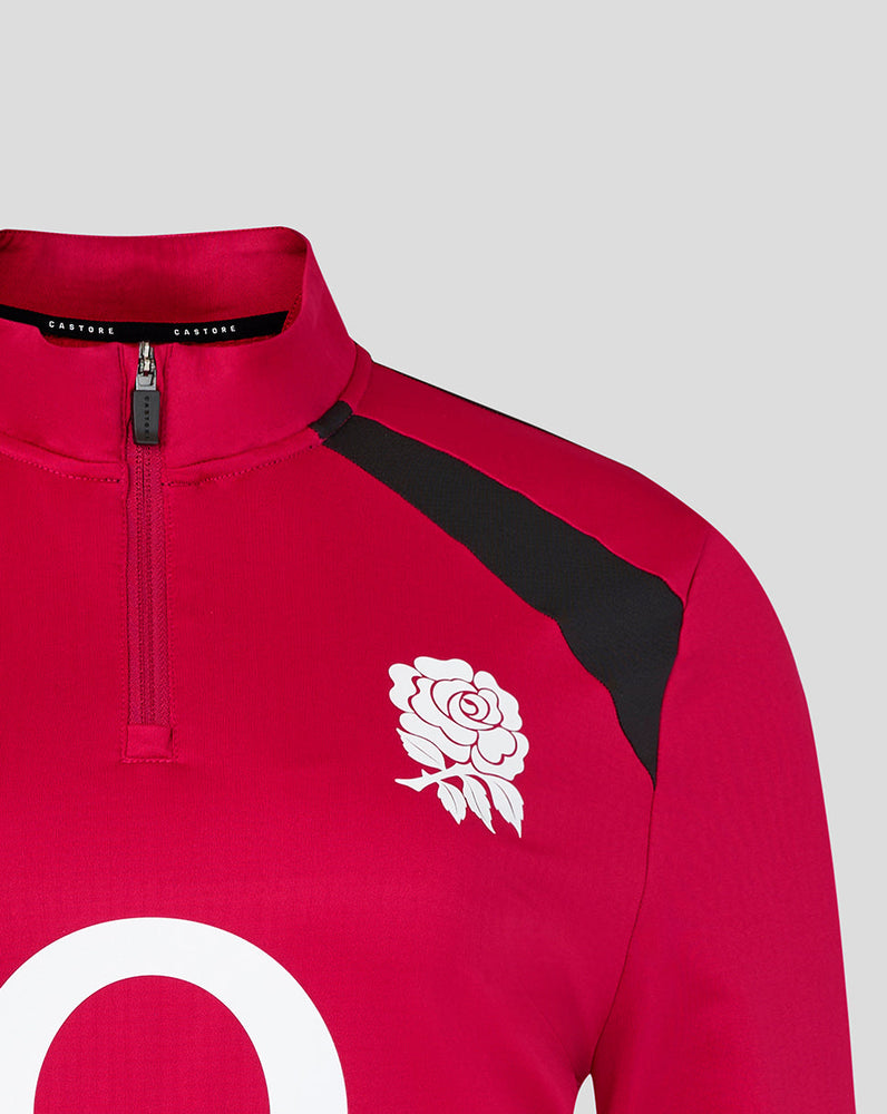 Red sports jersey with a white rose emblem on a gray background