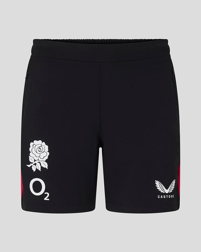 Black shorts with logos on a gray background