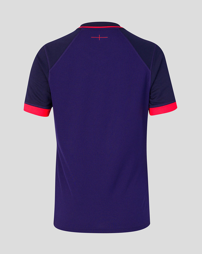 Navy blue sports jersey with red accents on a gray background