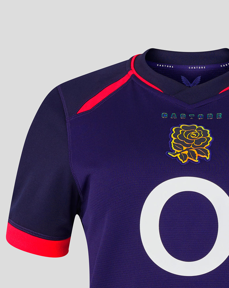 Navy blue sports jersey with red accents and a yellow rose emblem on a gray background
