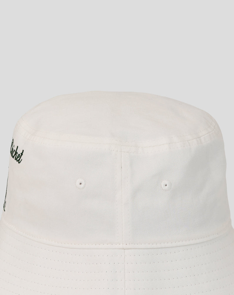 White bucket hat with a small logo on a white background