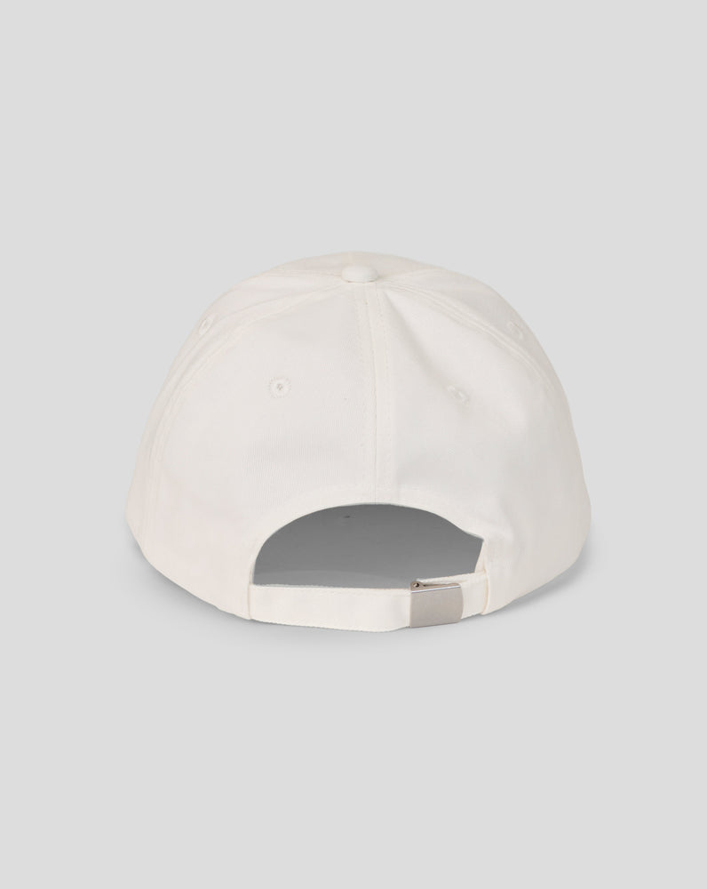 White baseball cap on a light gray background