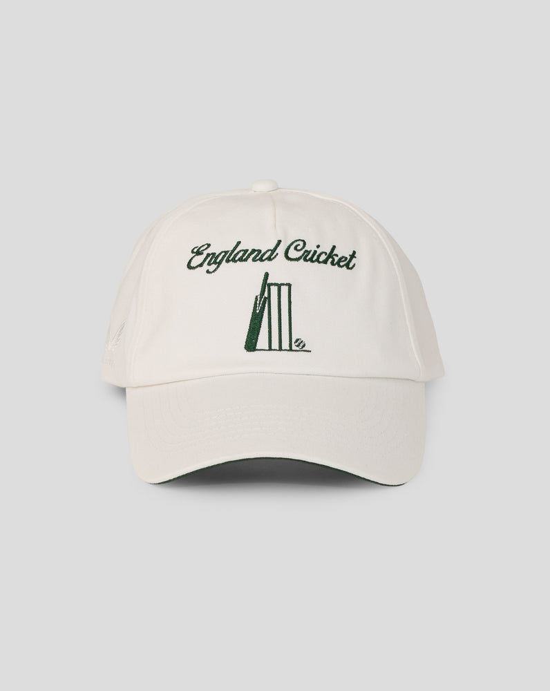 Beige cap with 'England Cricket' text and cricket bat emblem on a light gray background