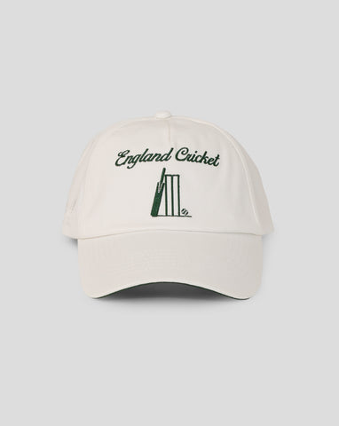 Beige cap with 'England Cricket' text and cricket bat emblem on a light gray background