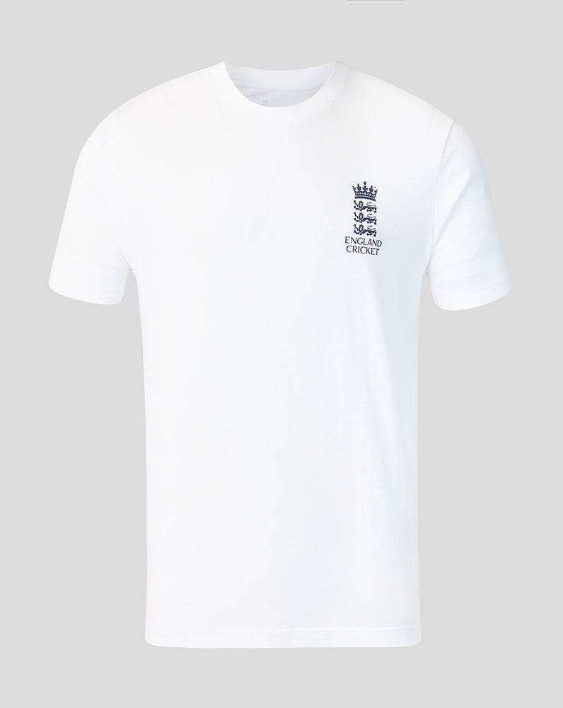 White t-shirt with England Cricket logo on a light gray background