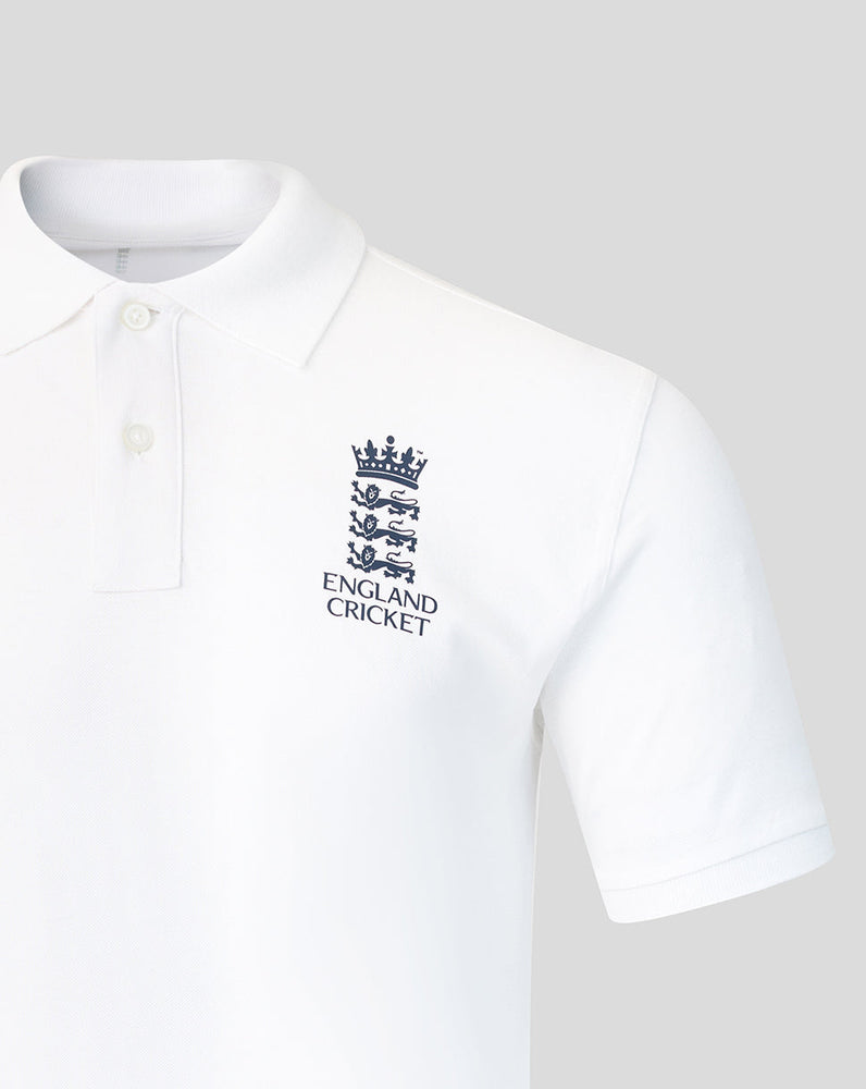 White polo shirt with England Cricket logo on a light gray background