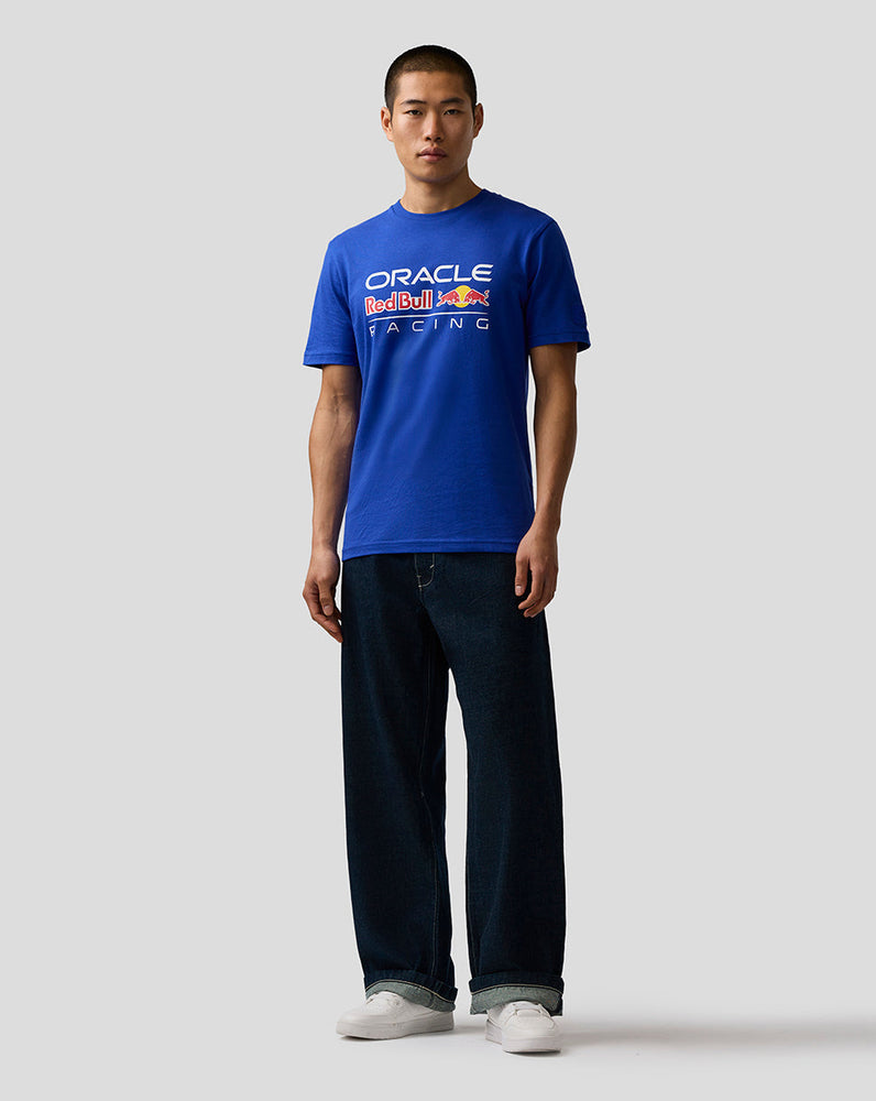 Person wearing a blue 'Oracle Red Bull Racing' t-shirt on a white background
