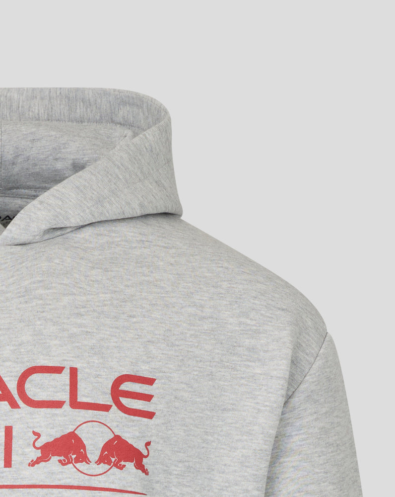 Gray hoodie with red Oracle logo on a light gray background