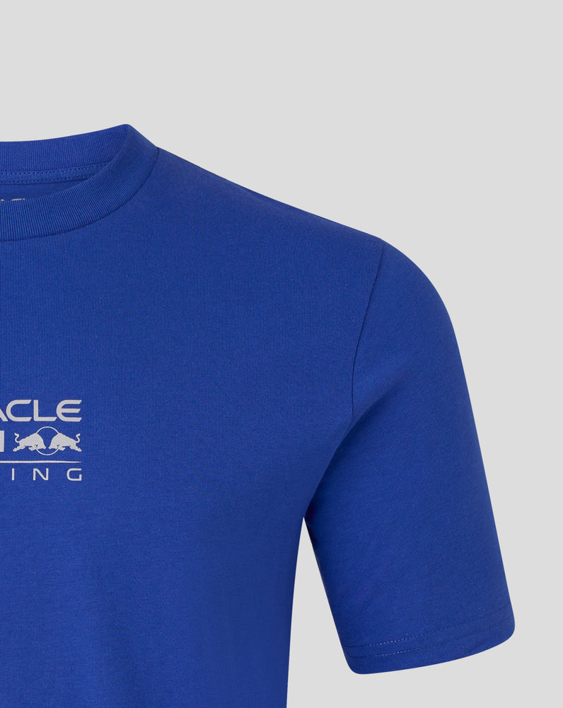 Blue t-shirt with a logo on a gray background