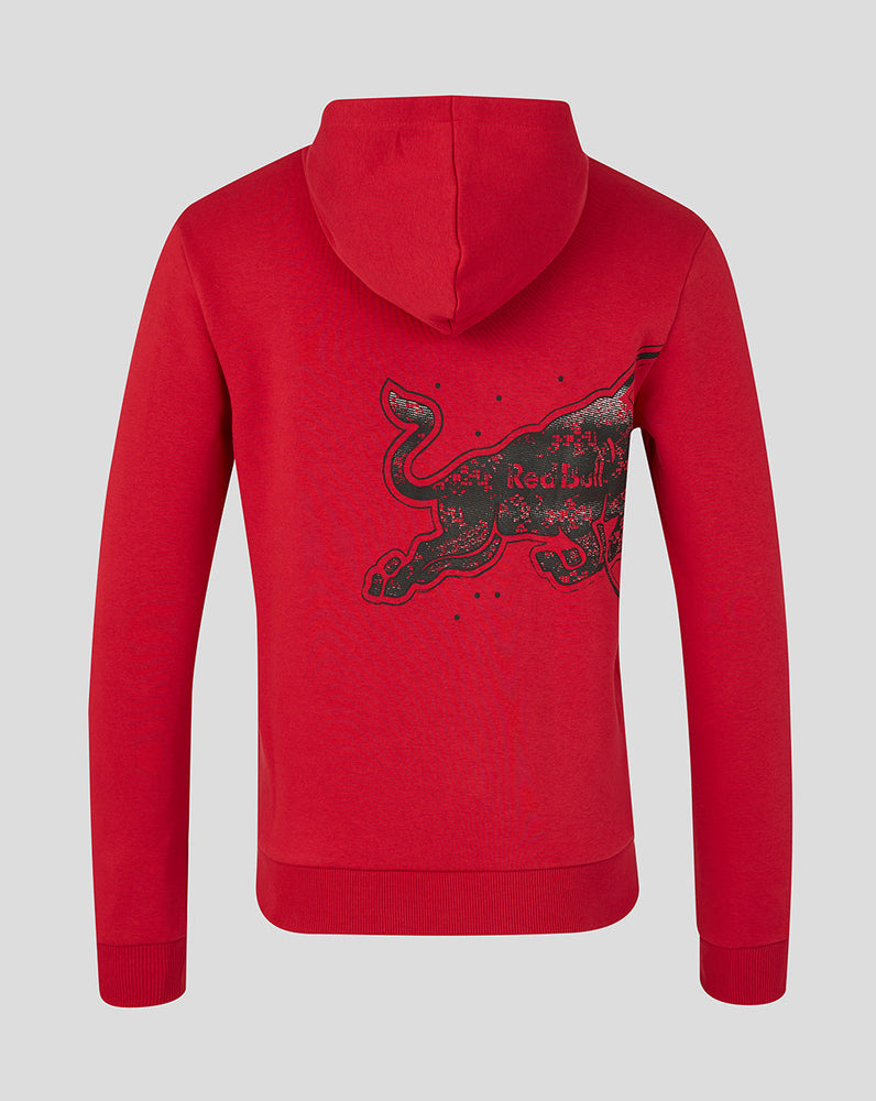 Red hoodie with a logo on the back against a gray background
